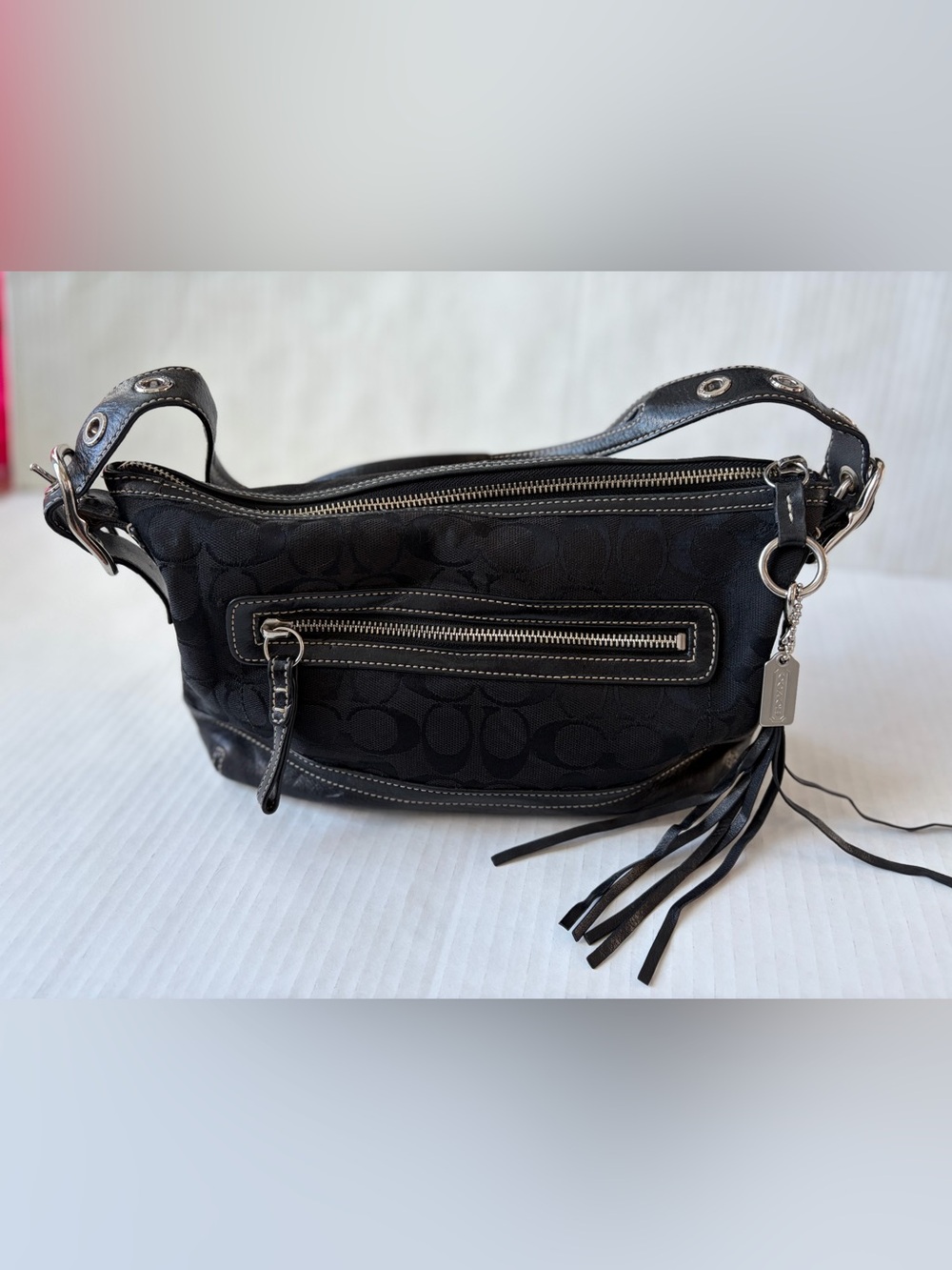 Coach 9363 East West Black Jacquard/Leather Duffle Hobo Bag Y2K Vintage Canvas